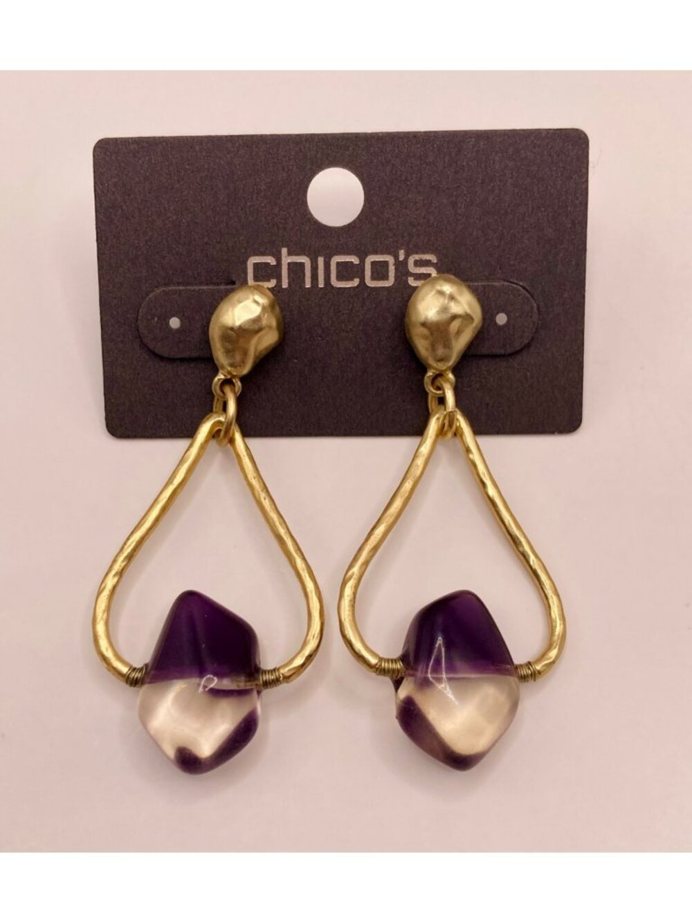 Chicos Gold-Tone Drop Earrings Purple & Clear Beads Hammered Texture -110B